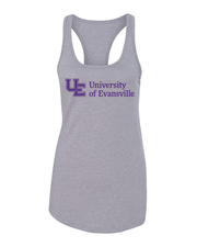 Evansville Purple Text Ladies Tank Top - Heather Grey